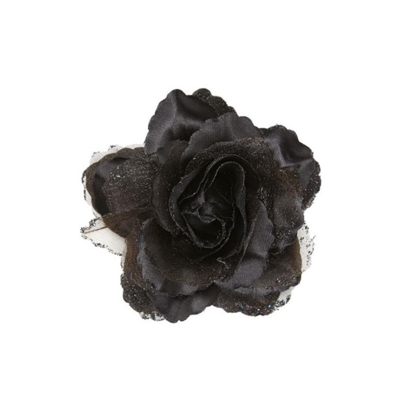 Pinza de pelo flor rosa negra con purpurina