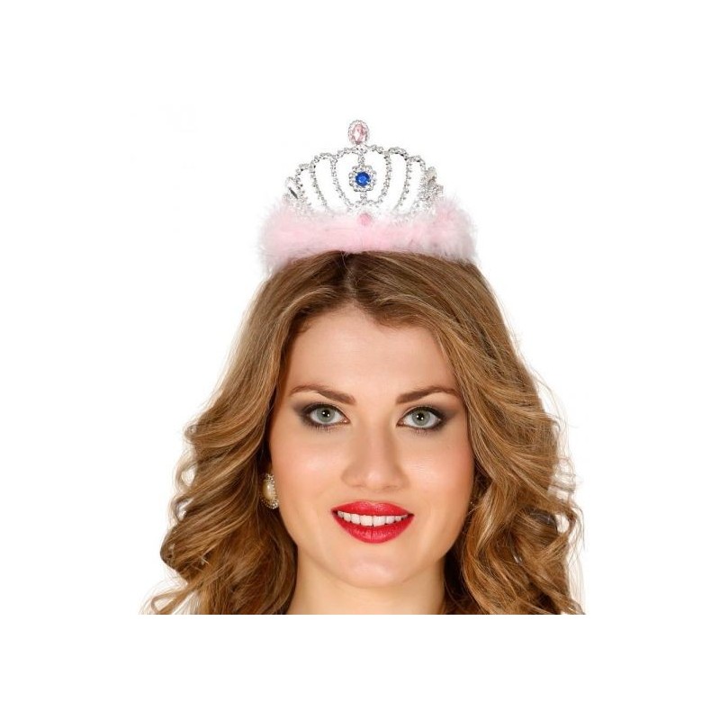 Tiara princesa plata plumas rosa diadema