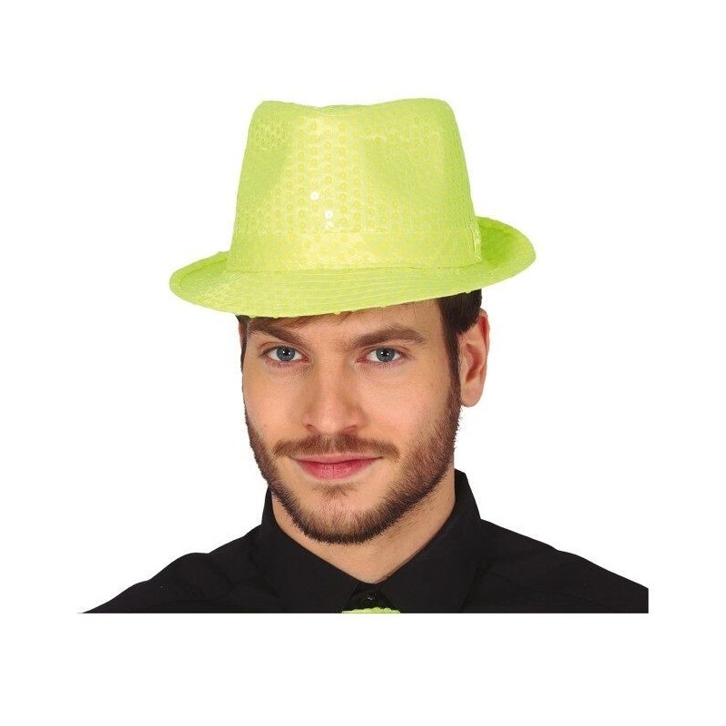 Sombrero gangster amarillo neon lentejuelas