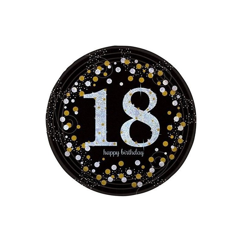 Platos 18 cumpleaños oro y negro 23 cm 8 uds