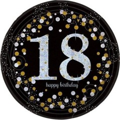 Platos 18 cumpleaños oro y negro 23 cm 8 uds
