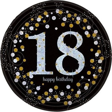 Platos 18 cumpleaños oro y negro 23 cm 8 uds