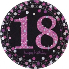 Platos 18 cumpleaños rosas y negros 23 cm 8 uds