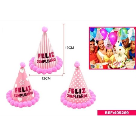 Gorro cumpleaños rosa con pompones 20x13 cm infantil niña