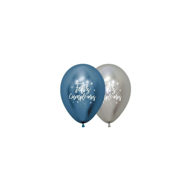 Globos feliz cumpleaños reflex azul y plata 12 uds