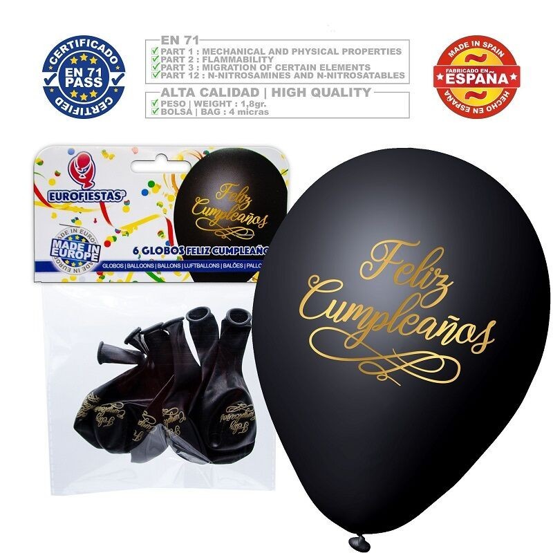 Globos Feliz cumpleaños negros 6 uds 23 cm