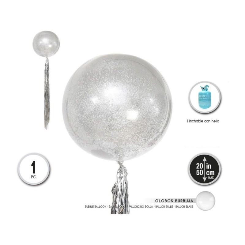 Globo burbuja purpurina plata 50 cm borla flecos 1 ud