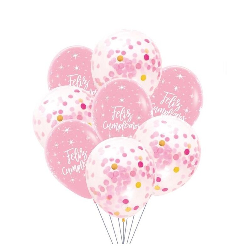 Globos latex feliz cumpleaños rosas y confeti 8 uds 30 cm