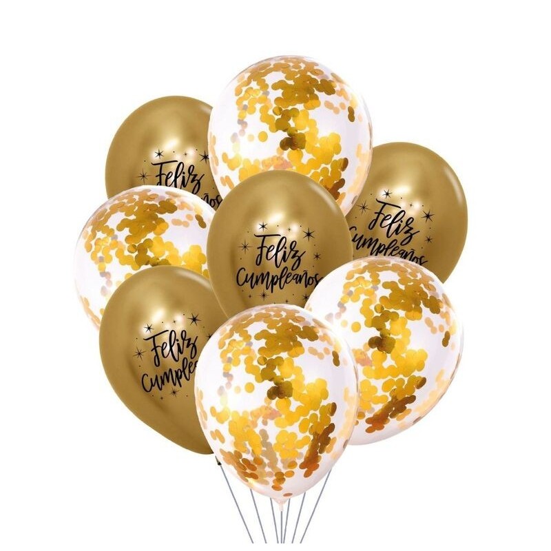 Globos latex feliz cumpleaños oro y confeti 8 uds 30 cm