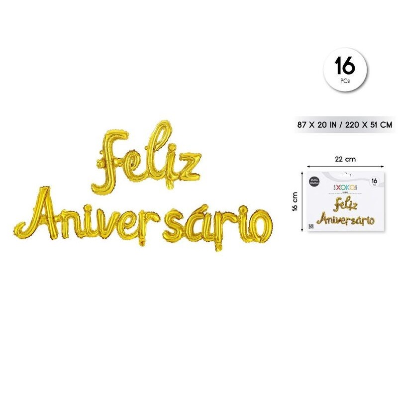Letras feliz aniversario dorado en globos 220x51 cm