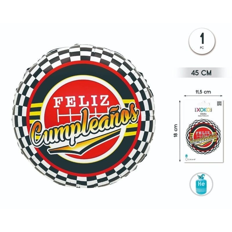 Globo foil redondo feliz cumpleaños carreras F145 cm