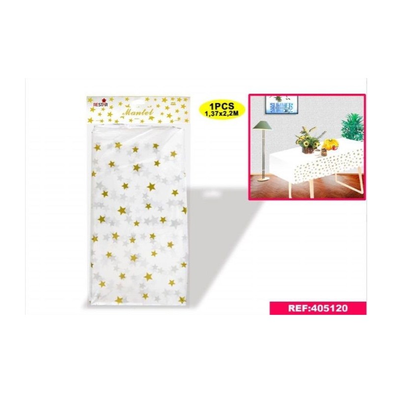 Mantel blanco estrellas oro 137x220 cm
