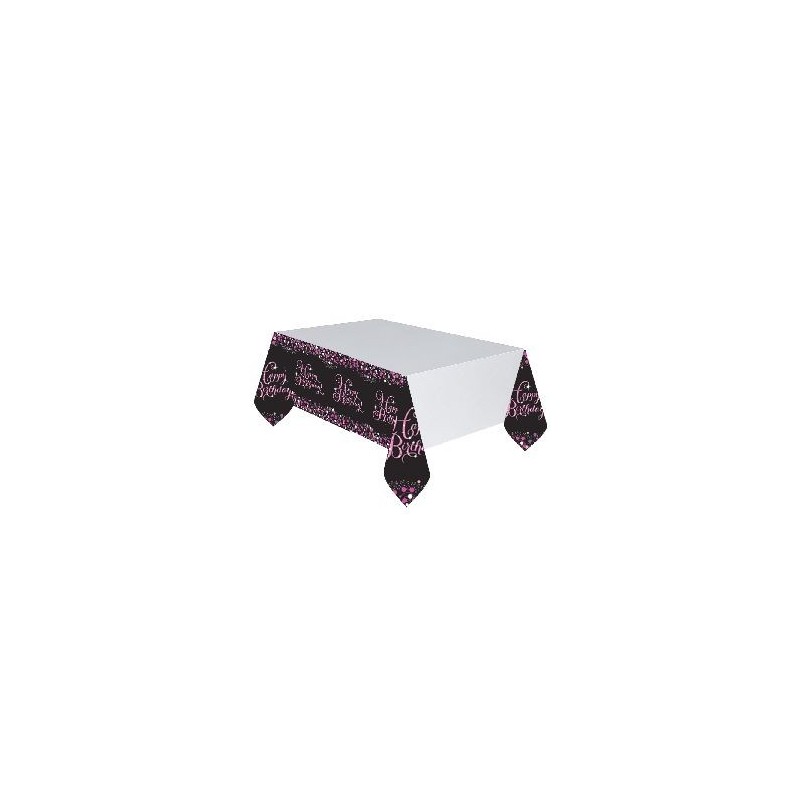 Mantel cumpleaños rosa negro y blanco plastico 1.37mx2.59m