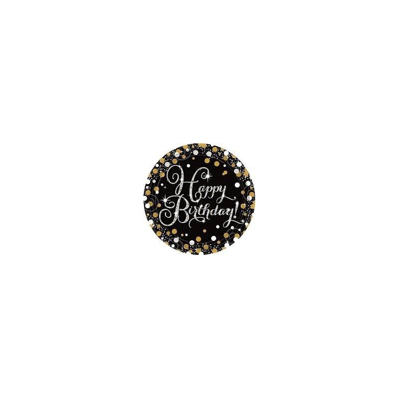 Platos happy birthday 23 cm negro y oro
