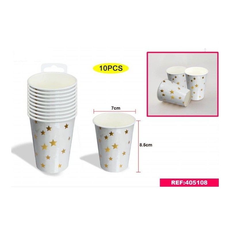 Vasos blancos estrellas oro 10 uds 7x85 cm carton