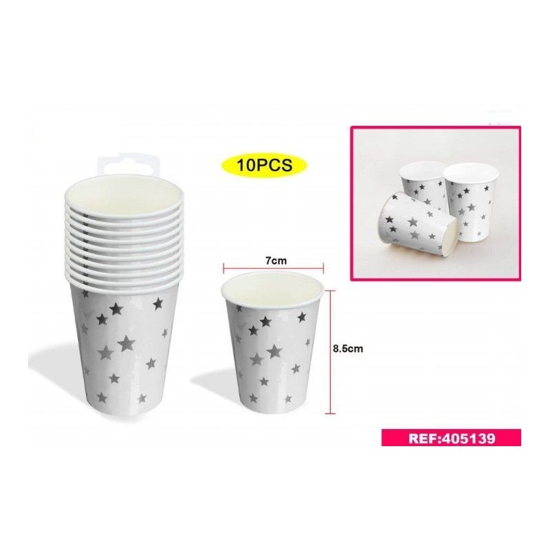 Vasos blancos estrellas plata 10 uds 7x85 cm carton