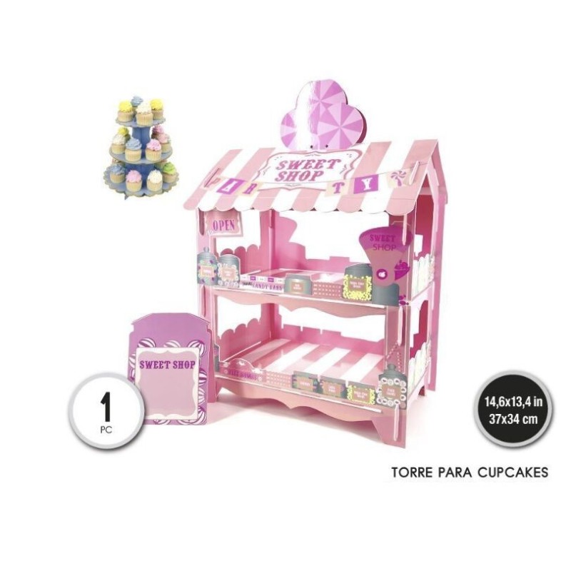 Soporte cupckes rosa blanco 37 cm