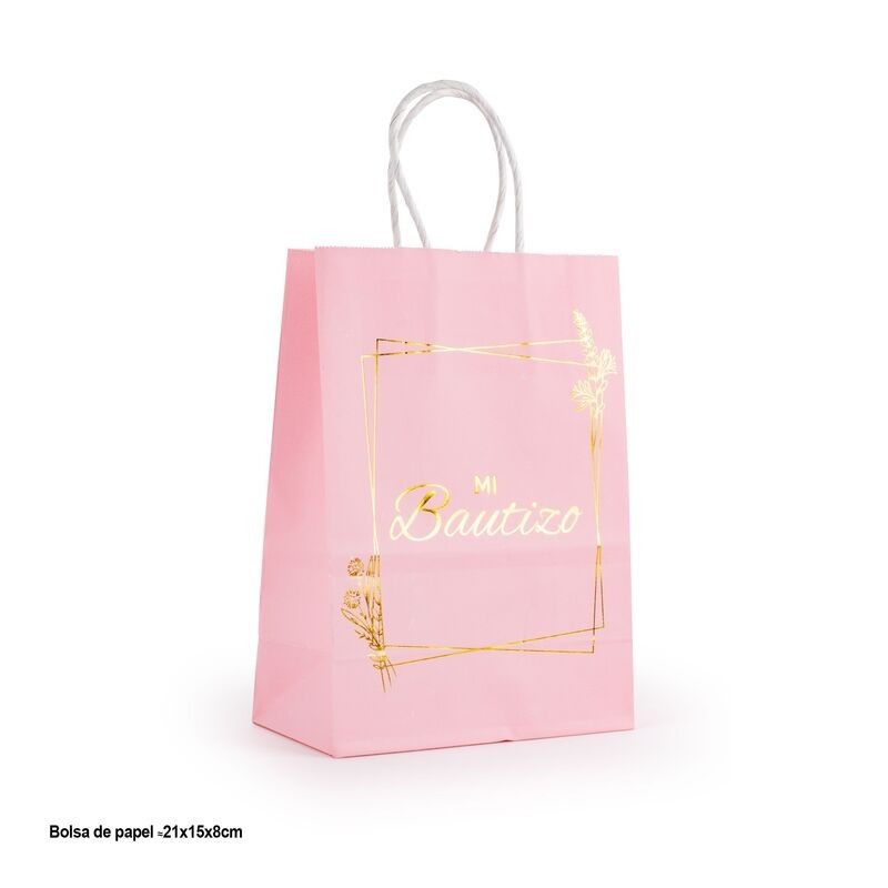 Bolsa regalo bautizo rosa 21x16x8 cm
