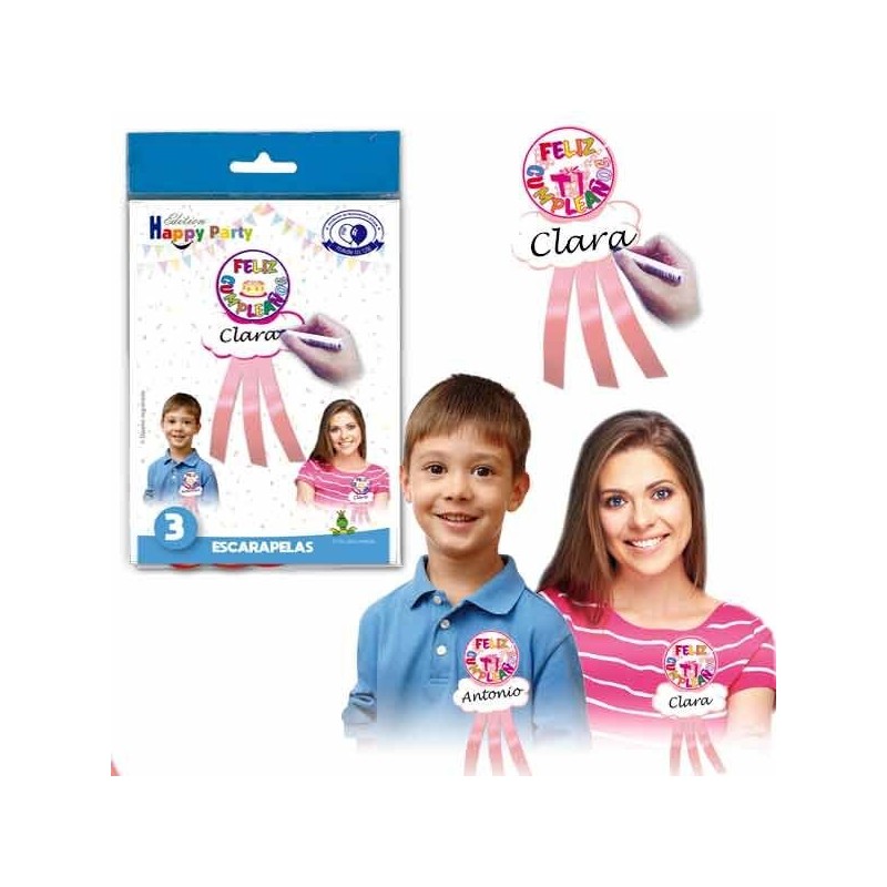 Escarapelas feliz cumpleaños rosas broches 3 uds