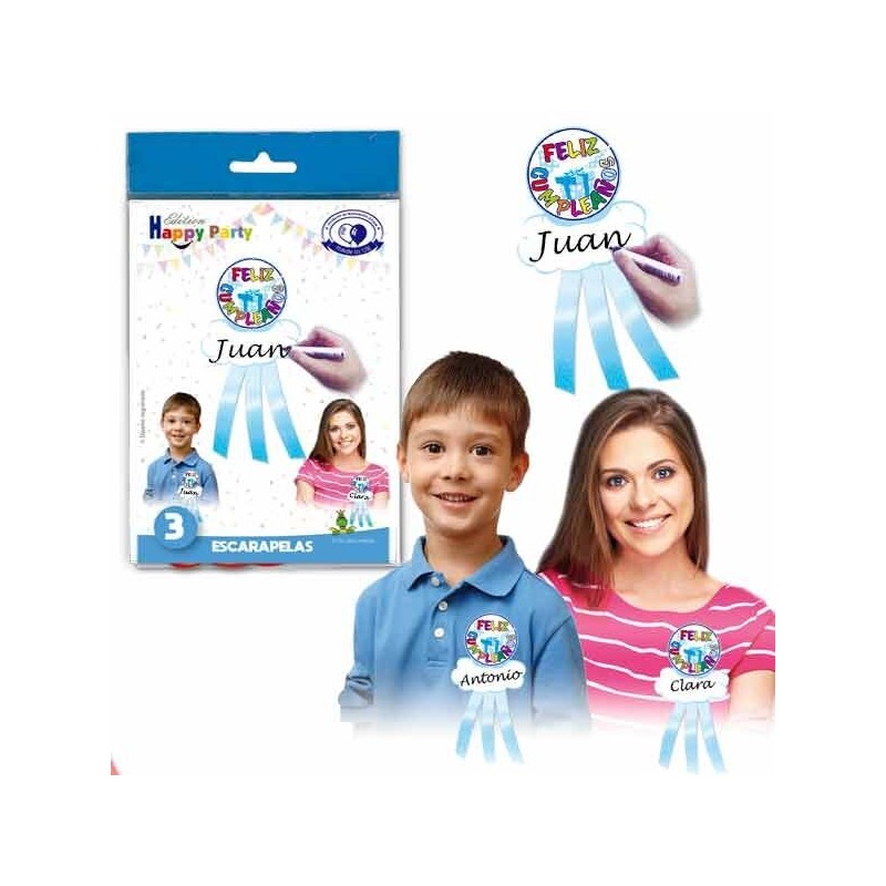 Escarapelas feliz cumpleaños azules broches 3 uds
