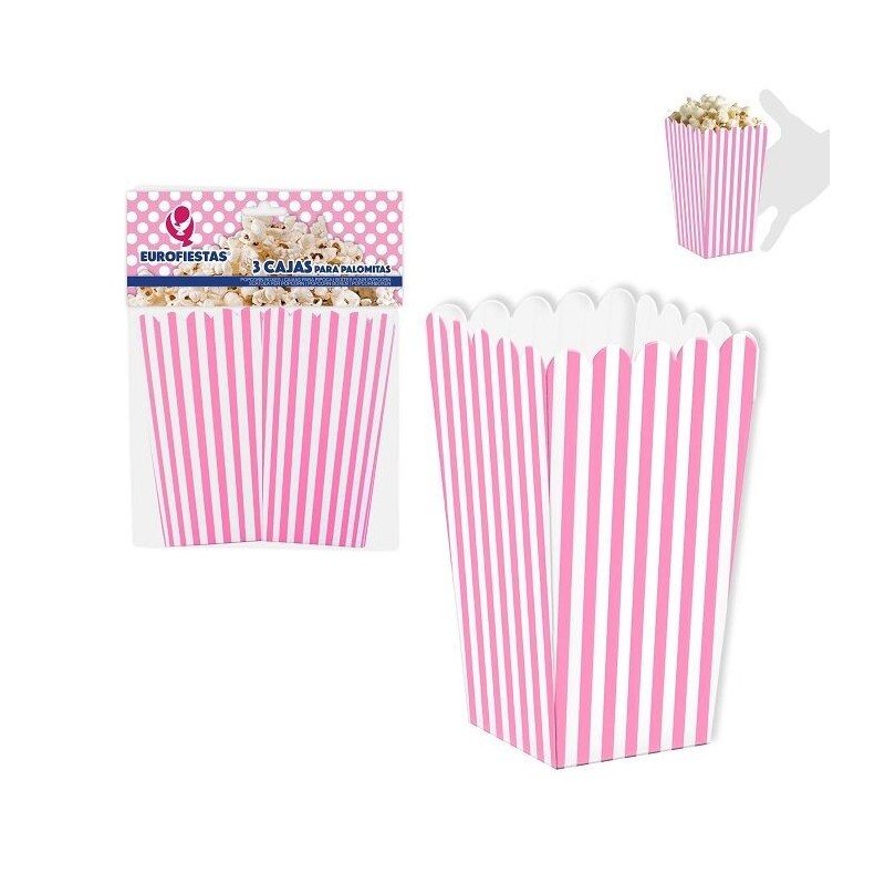 Caja palomitas rayas rosas y blancas 3 uds