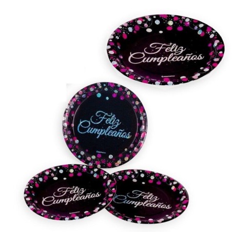 Platos-Feliz-cumpleanos-negro-rosa-18-cm-6-uds-8435127342818-34281