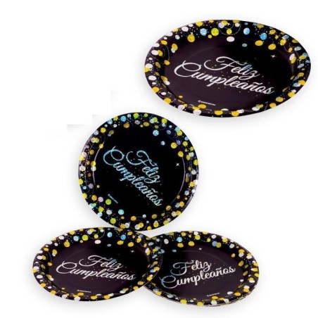 Platos-Feliz-cumpleanos-negro-oro-18-cm-6-uds-8435127342825-34282