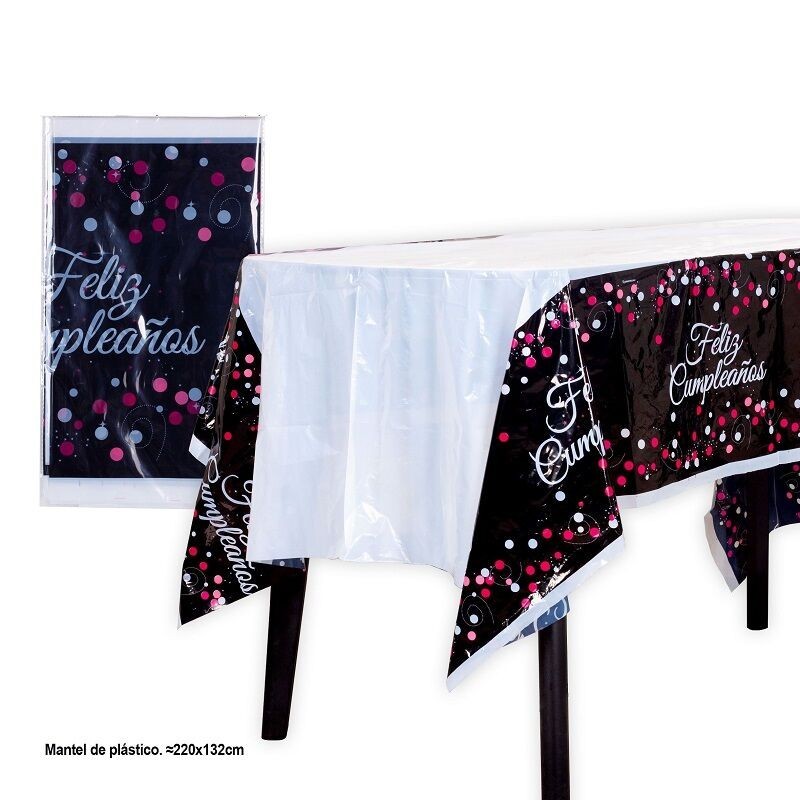 Mantel Feliz cumpleaños negro rosa 137x274 cm reusable