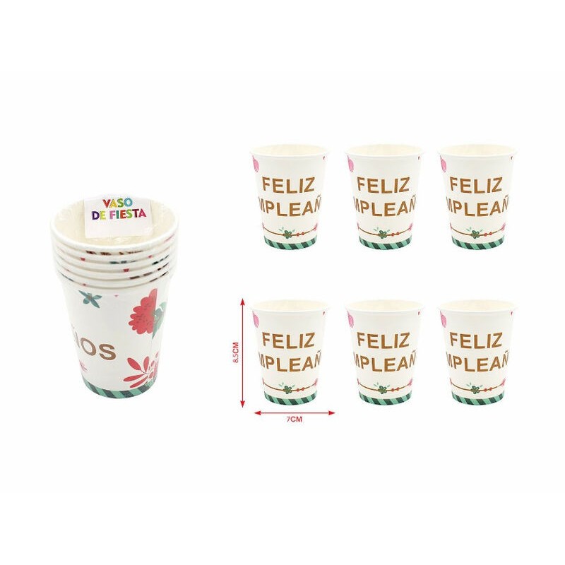 Vasos feliz cumpleaños flores 6 uds