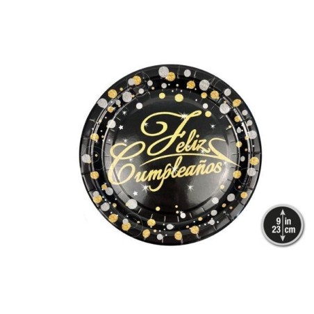 Platos-Feliz-cumpleanos-negro-y-oro-6-uds-23-cm-8433584565924-56592