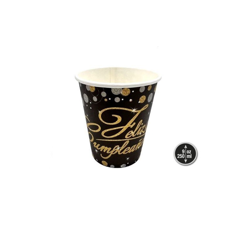 Vasos Feliz cumpleaños negro y oro 12 uds