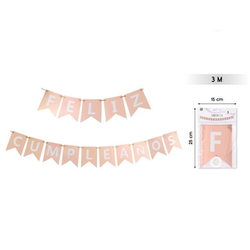 Letrero feliz cumpleaños oro rosa y blanco 3 mt