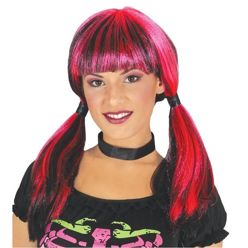 Peluca bruja coletas mechas rosas draculaura