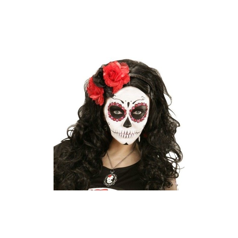 Diadema 3 rosas rojas negras con purpurina catrina