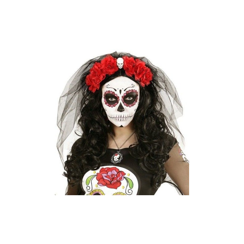 Diadema 6 rosas rojas con calavera y velo catrina