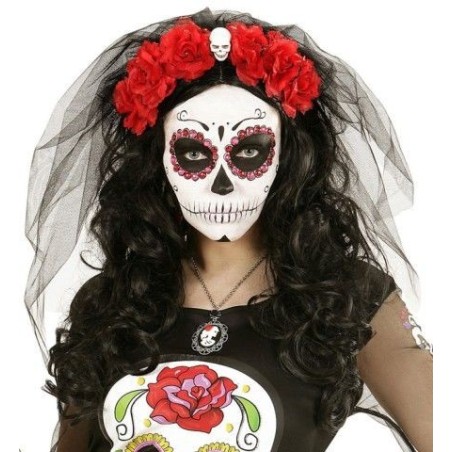 diadema 6 rosas rojas con calavera y velo catrina