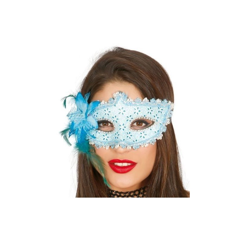 Antifaz veneciano azul con flor azul epoca