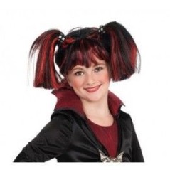 peluca morena mechas rojas con 2 coletas gotica