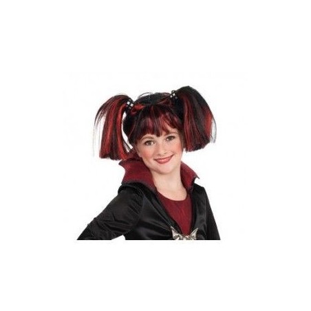 peluca morena mechas rojas con 2 coletas gotica