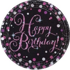 platos happy birthday 23 cm negro y rosa 8 uds