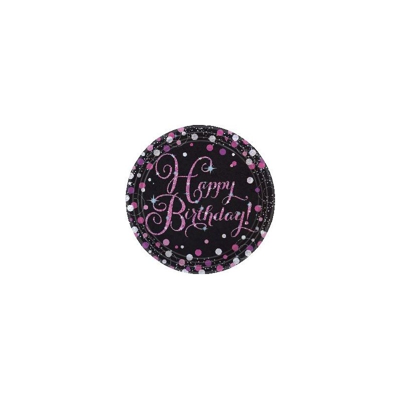Platos happy birthday 23 cm negro y rosa 8 uds