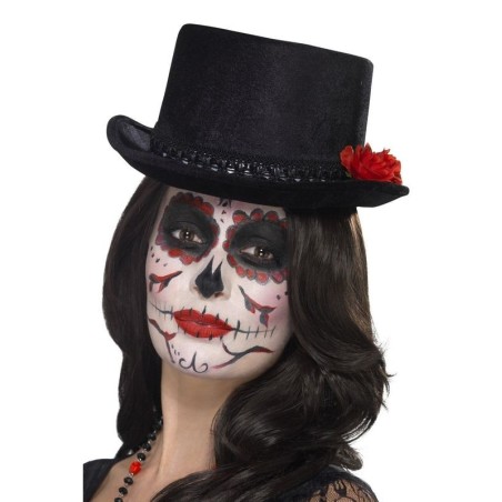 sombrero chistera negra dia de los muertos con rosa