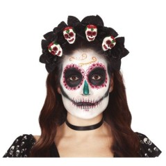 diadema catrina flores negras con calveras