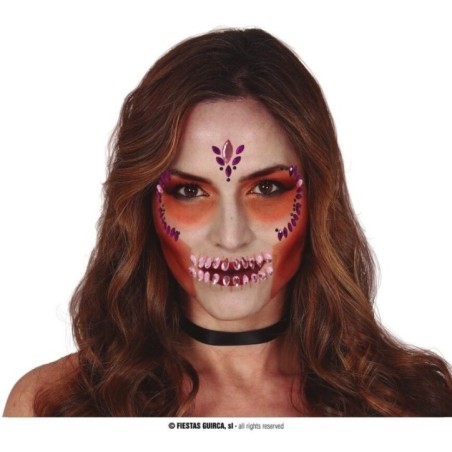 joyas faciales adhesivas calavera rosa y lila