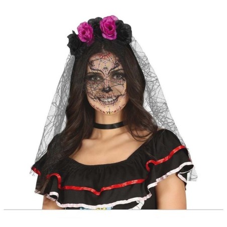 diadema catrina flores lila negras con velo