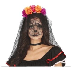 diadema catrina flores lila naranja con velo