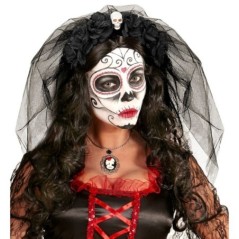 diadema 6 rosas negras con calavera y velo catrina