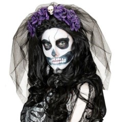 diadema 6 violetas rojas con calavera y velo catrina