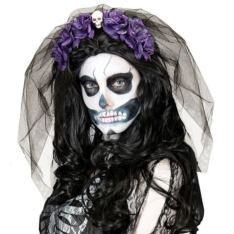 Diadema 6 violetas rojas con calavera y velo catrina
