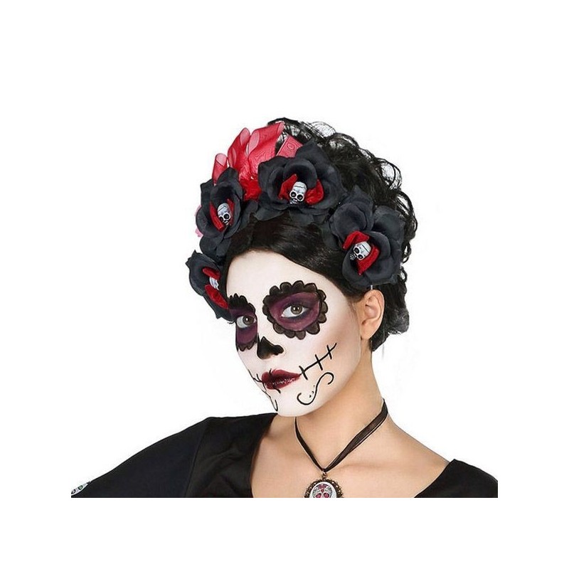 Diadema calaveras mejicana con rosas negras